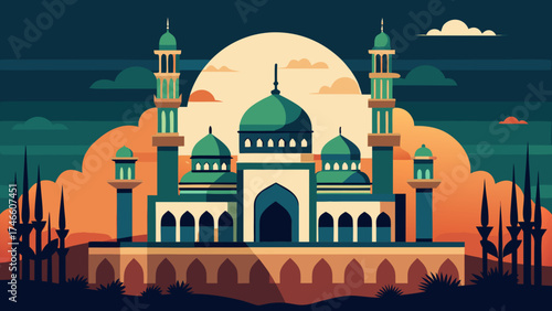 Stylized islamic mosque with domes and minarets at sunset