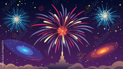 Vibrant fireworks explode in the night sky above a city skyline