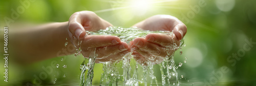 A powerful ultra-realistic image showing two female hands gently holding crystal-clear water from a lake with droplets falling. Water conservation and environmental respect concept. Generative Ai.
