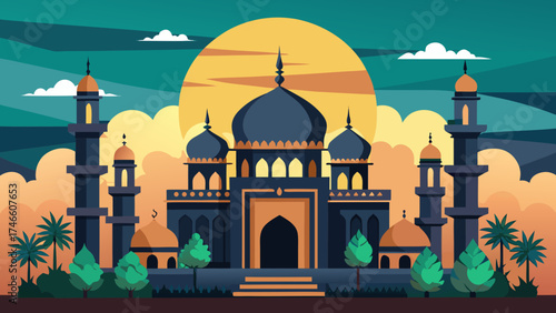 Stylized islamic mosque with minarets and domes at sunset