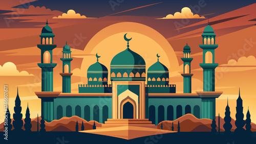 Stylized islamic mosque silhouette at sunset with crescent moon