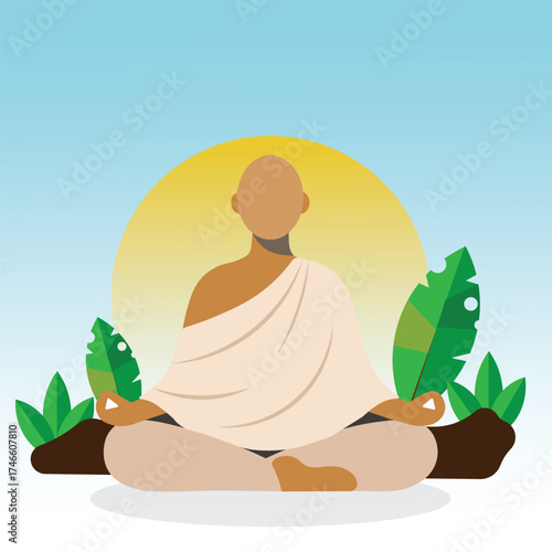 A modern flat illustration of a faceless monk meditating in nature