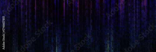 A mesmerizing display of binary code flows vertically on a dark background, illuminated with a gradient of bright magenta, purple, and electric blue, creating a high-tech, digital environment.