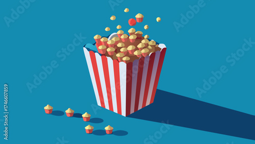 Popcorn spilling from a striped bucket with a few pieces scattered around
