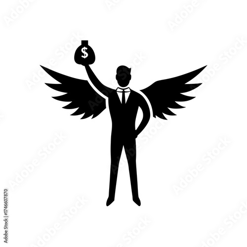 Winged businessman with moneybag
