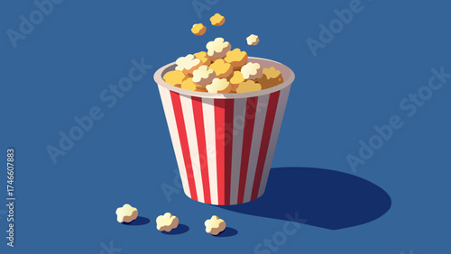 Classic red and white striped popcorn bucket overflowing with kernels on a blue background