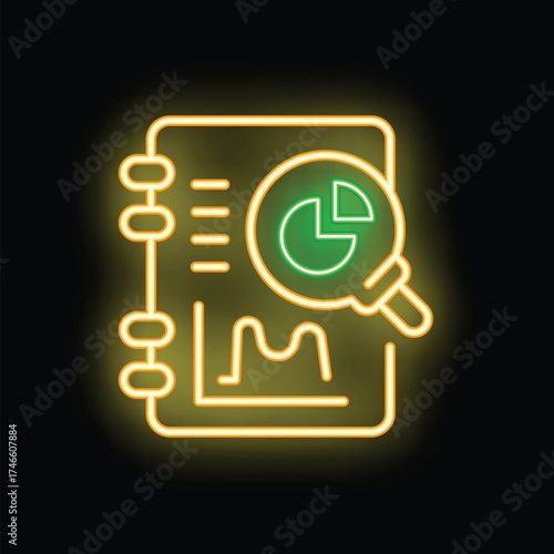 Neon icon of magnifying glass analyzing financial report, emphasizing the concept of market research and data analysis