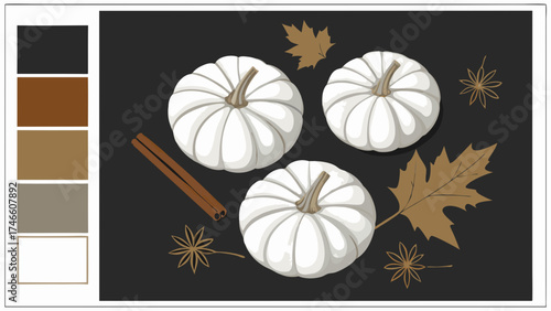 Autumnal White Pumpkins with Spices and Leaves.