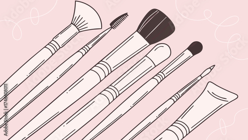 Makeup Brushes Cosmetic Tools Beauty Accessories Flatlay Pink Background Illustration Design Elements Vector Graphic Style Trendy Set Collection Kit Tools Applicators Cosmetics M.
