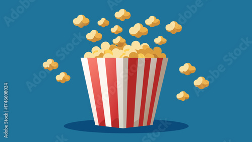 Popcorn overflowing from a red and white striped bucket against a blue background