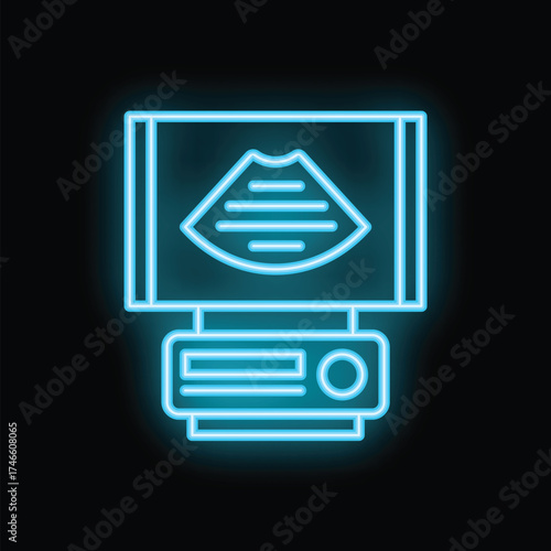 Neon icon of an ultrasound machine displaying a baby scan, ideal for representing pregnancy examinations and medical imaging