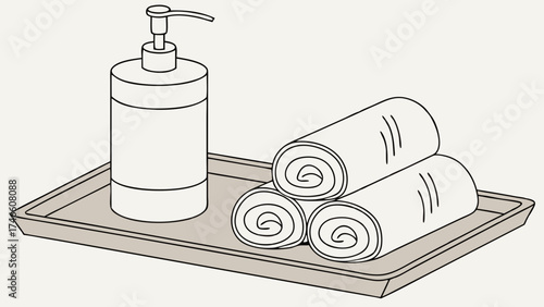 Bathroom Amenities Tray with Dispenser and Towels.