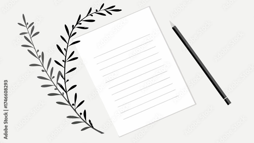 Naklejka premium Blank Lined Paper with Floral Wreath and Pencil.