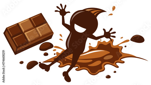 Joyful chocolate character splashing and falling with chocolate bar