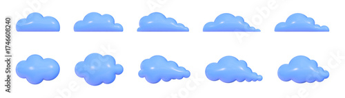 Delightful collection of 3D inflated blue clouds featuring a playful retro bubble design. These clouds vary in size and shape, offering a whimsical touch to artistic creations.