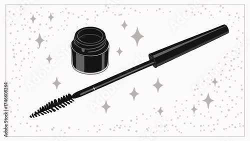 Black Mascara Wand and Container Cosmetic Makeup Applicator Beauty Product Illustration.