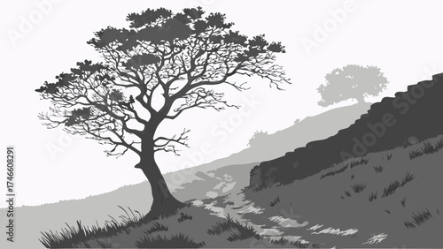 Monochrome Landscape with Tree and Hillside.