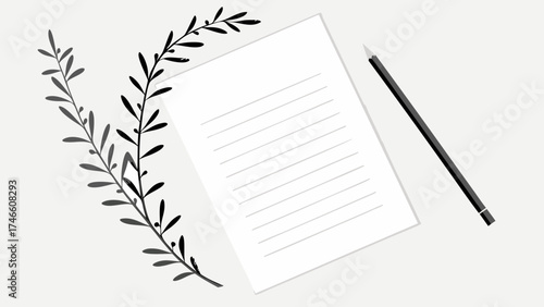 Blank Lined Paper with Floral Wreath and Pencil.