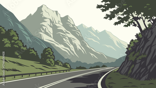 Mountain Road Landscape Scenic Highway Winding Through Majestic Peaks and Lush Green Foliage.