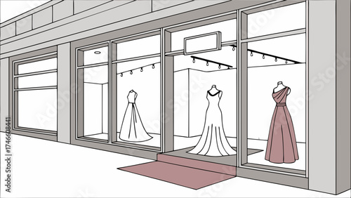 Boutique storefront with dresses on display elegant shop exterior design fashion retail illustration.
