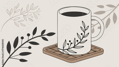 Mug with floral design on coaster coffee tea beverage morning breakfast drink hot drink cozy relaxing autumn winter minimalist simple elegant botanical leaves branches illustrat.