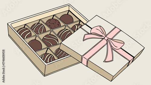 Box of Chocolates with a Pink Ribbon Bow Gift Box Sweet Treats Celebration Concept.