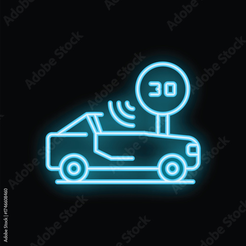 Blue neon icon of autonomous car detecting speed limit on black background