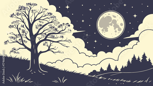 Night landscape with a tree moon and stars vector illustration nature design art background scenery graphic.