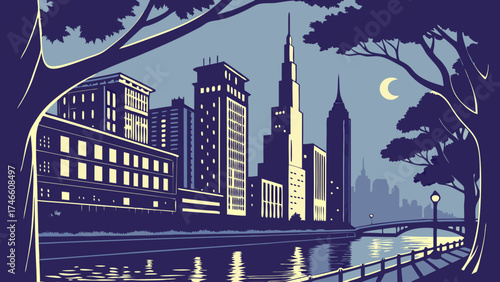 Night cityscape illustration urban waterfront scene at dusk modern buildings river trees moon bridge vintage poster design graphic art stylized city skyline calm water reflection eveni.