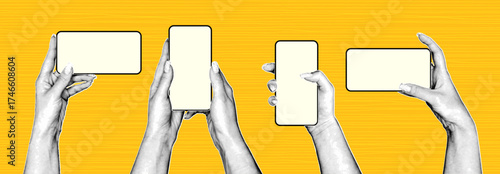 Four pairs of hands grip smartphones with blank screens, positioned on a vibrant yellow background, illustrating varied orientations that emphasize communication and technology.