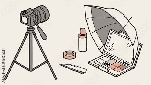 Camera on tripod with makeup and lighting equipment for beauty blogger or vlogger setup.