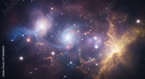 A breathtaking cosmic vista unfolds with swirling nebulae in shades of blue, gold, and purple, illuminated by countless distant stars. This expansive deep space scene conveys wonder, mystery, and the 