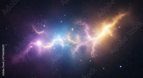 A breathtaking digital illustration of a colorful cosmic nebula, stretching across a dark, star-filled universe. Swirling clouds of interstellar gas and dust glow in vibrant hues of purple, blue, and 