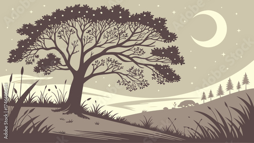 Nighttime Landscape with Majestic Tree.