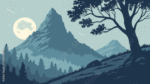 Nighttime Mountain Landscape with Full Moon and Silhouette Tree.