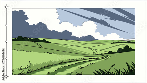 Cartoon depiction of a serene countryside landscape.