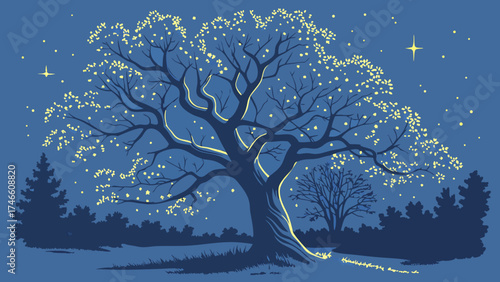 Nocturnal Woodland Scene with Illuminated Tree.