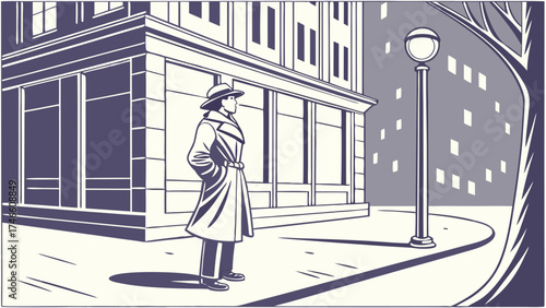 Noir Style Illustration of a Figure Standing on a City Street.