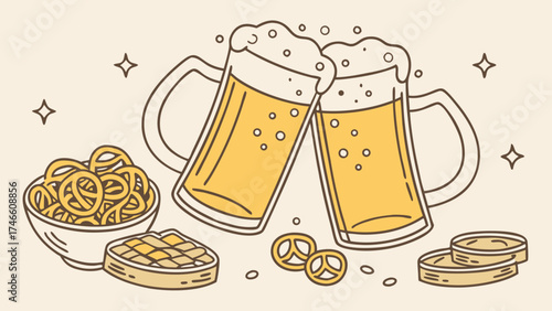 Cheers to the Good Times Beer Mugs Pretzels and Snacks Illustration.