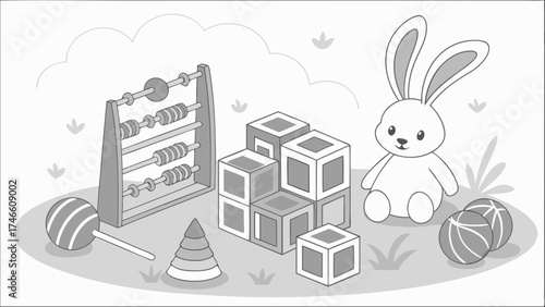Childrens toys educational games cute bunny blocks abacus lollipop balls nursery preschool learning playful illustration grayscale vector illustration kids room decor monochrome ch.