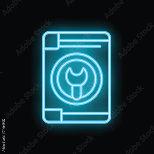 Blue neon icon of a smartphone displaying a wrench symbol, representing online technical assistance
