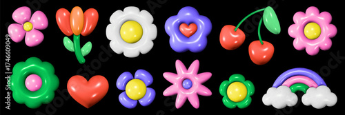 A collection of twelve glossy 3D graphic objects shows a vibrant assortment of flowers, hearts, cherries, and a rainbow.
