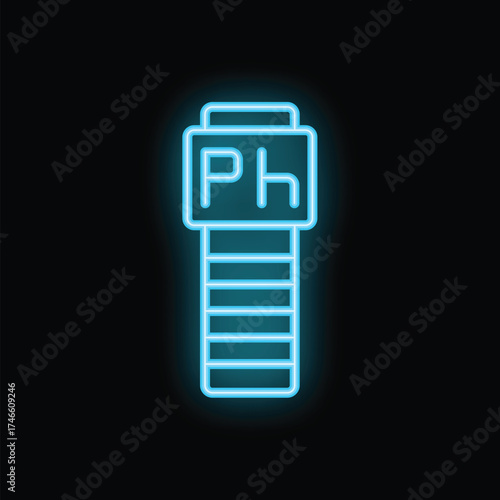 Blue glowing neon icon of electronic ph meter is showing acidity and alkalinity level