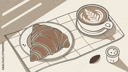 Coffee and Croissant Breakfast Still Life Minimalist Illustration Flatlay Cafe Menu Design.
