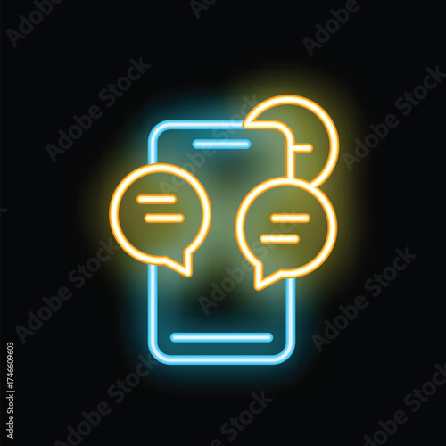 Neon sign depicting a smartphone with chat bubbles and a crescent moon, symbolizing late night communication