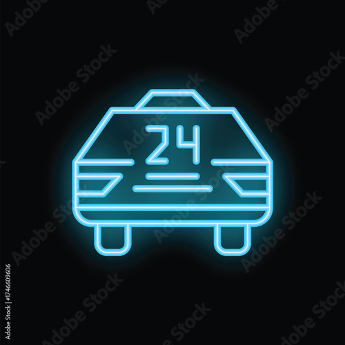 Neon sign showing a taxi cab available at any time of day or night