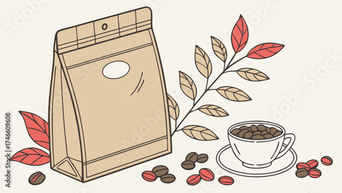 Coffee Time Vector Illustration of Coffee Beans Cup and Packaging.