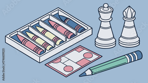 Crayons Chess Pieces and a Pencil.