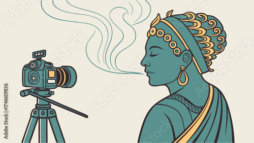 Photographic Illustration with Ancient Inspired Figure and Camera.