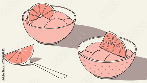 Pink grapefruit sorbet in bowls minimalist illustration healthy food breakfast dessert refreshing summer design element vector graphic citrus pink food photography menu design recipe.